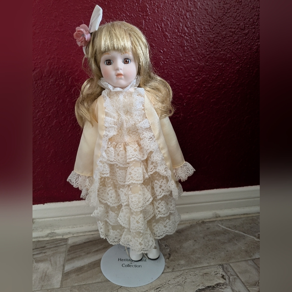 The Heritage Mint Ltd. Collection 80s Porcelain Blond Doll 16" Brown Eyes-Stand
